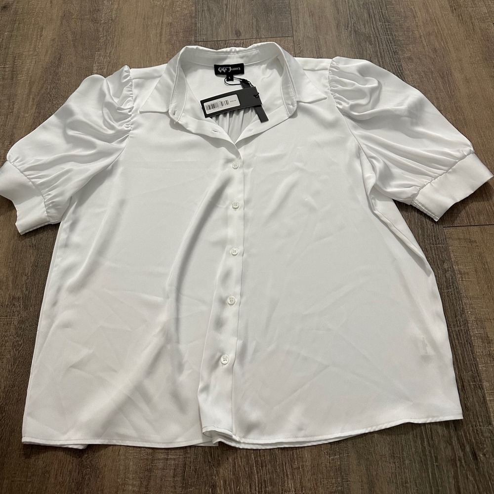 GiGi James Satin Puff Sleeve Button Down Subtle Sheen Blouse Large NWT $345 - Picture 3 of 6